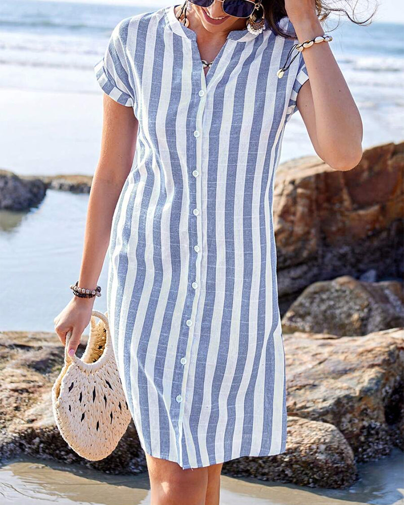 Band Collar Short Sleeve Striped Button Front Shirt Dress 5
