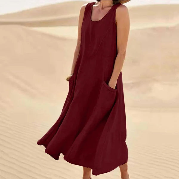 Round Neck Sleeveless Linen Pocket A-Line Midi Dress 11
