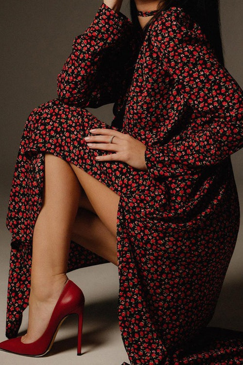 Deep V Neck Long Sleeve 3D Flower Applique High Slit Maxi Dress 6
