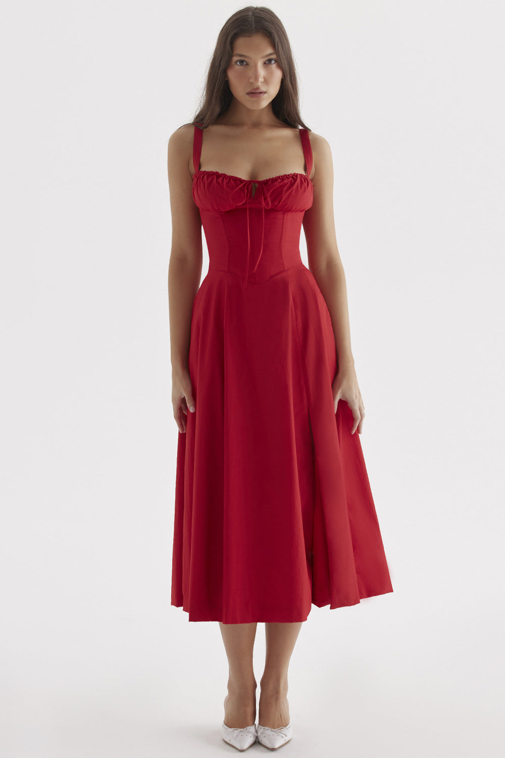 Corset Bodice Ruched Bust Tie-Front Flared Strap Midi Dress 12