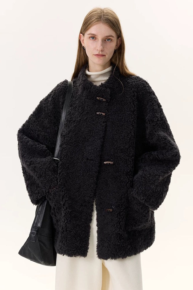 Pure Wool Bouclé Horn Button Shearling Coat