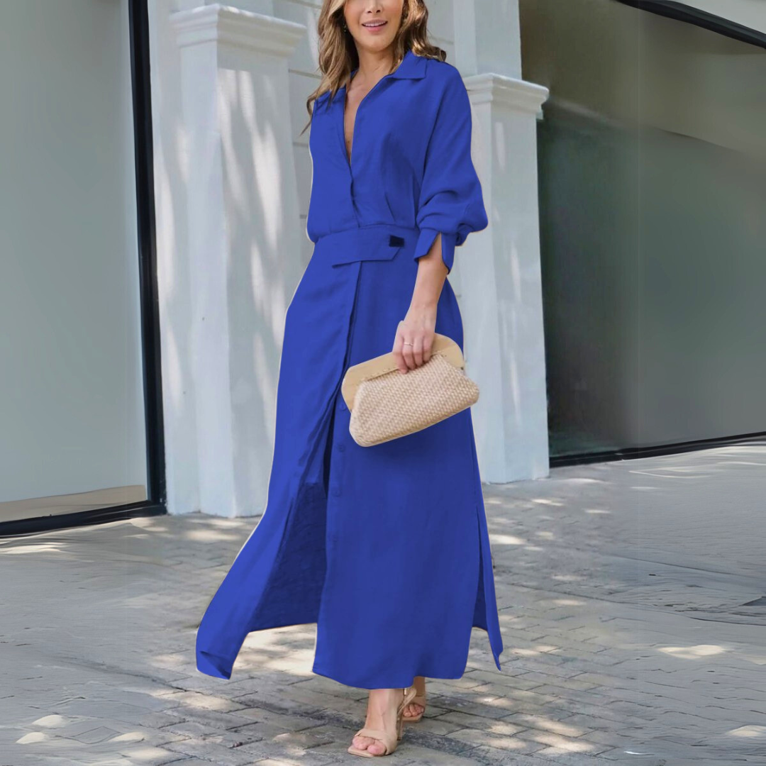 Collared Long Sleeve Belted Button-Front Linen Maxi Shirt Dress 4