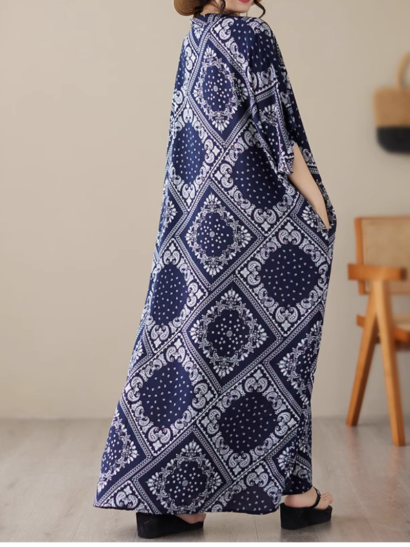 V-Neck Paisley Print Batwing Sleeve Loose Kaftan Maxi Dress