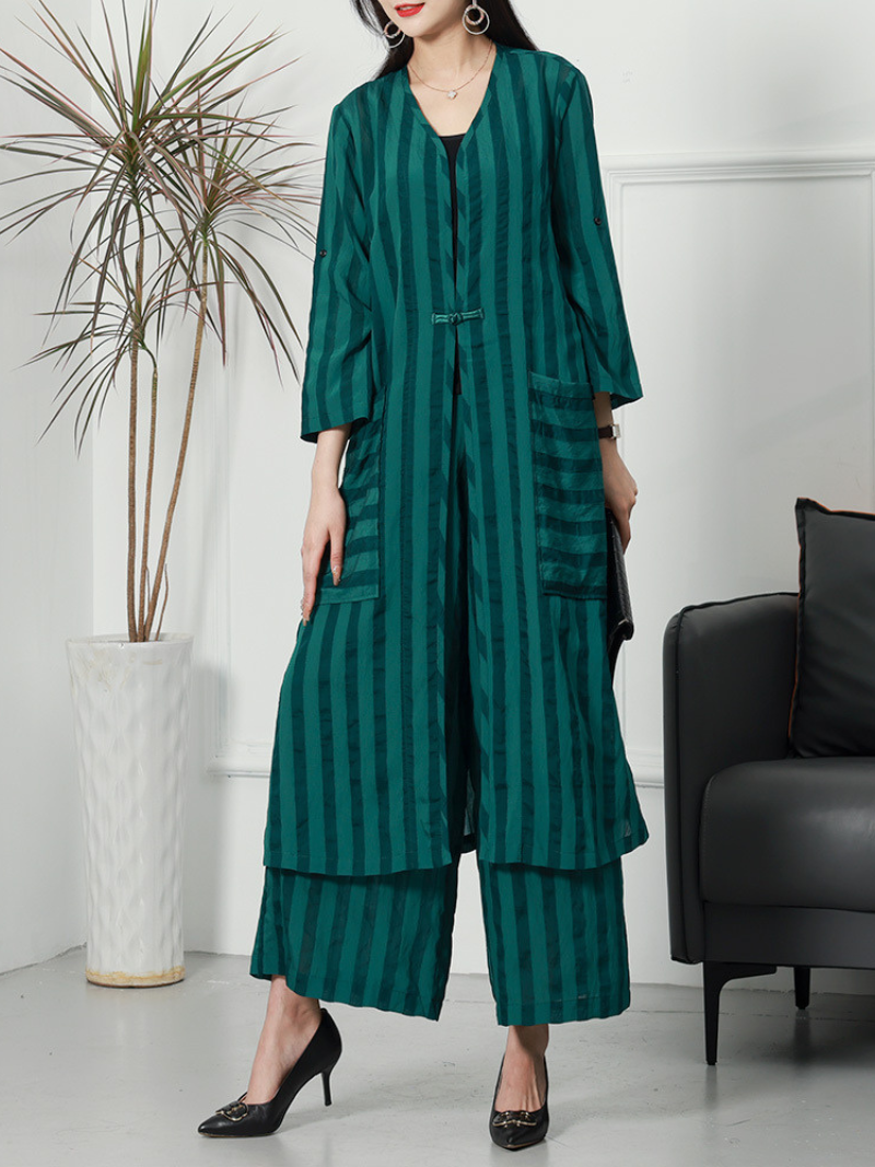 Textured Stripe Long Cardigan and Wide Leg Pants Set