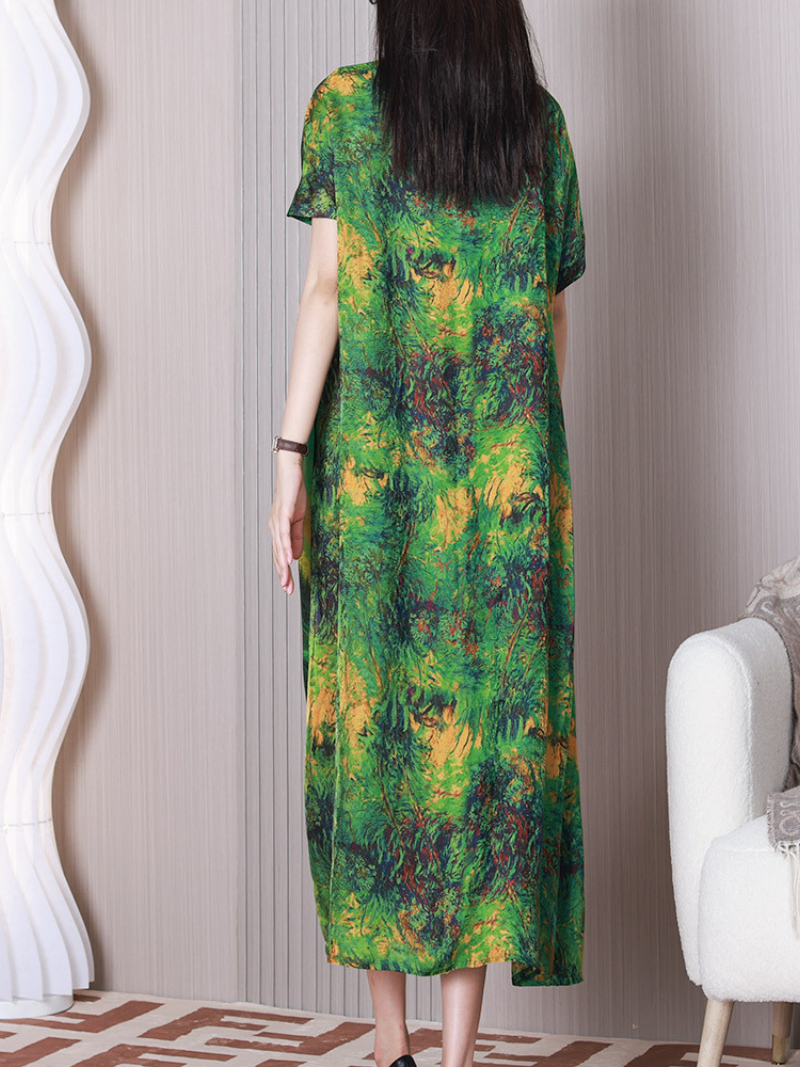 Green Round Neck Short Sleeve Watercolor Print Button Front Shirt Maxi Dress