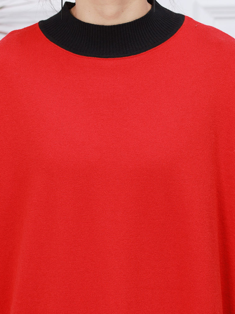 Red Contrast Mock Neck Half Sleeve Loose Knit Shift Maxi Dress
