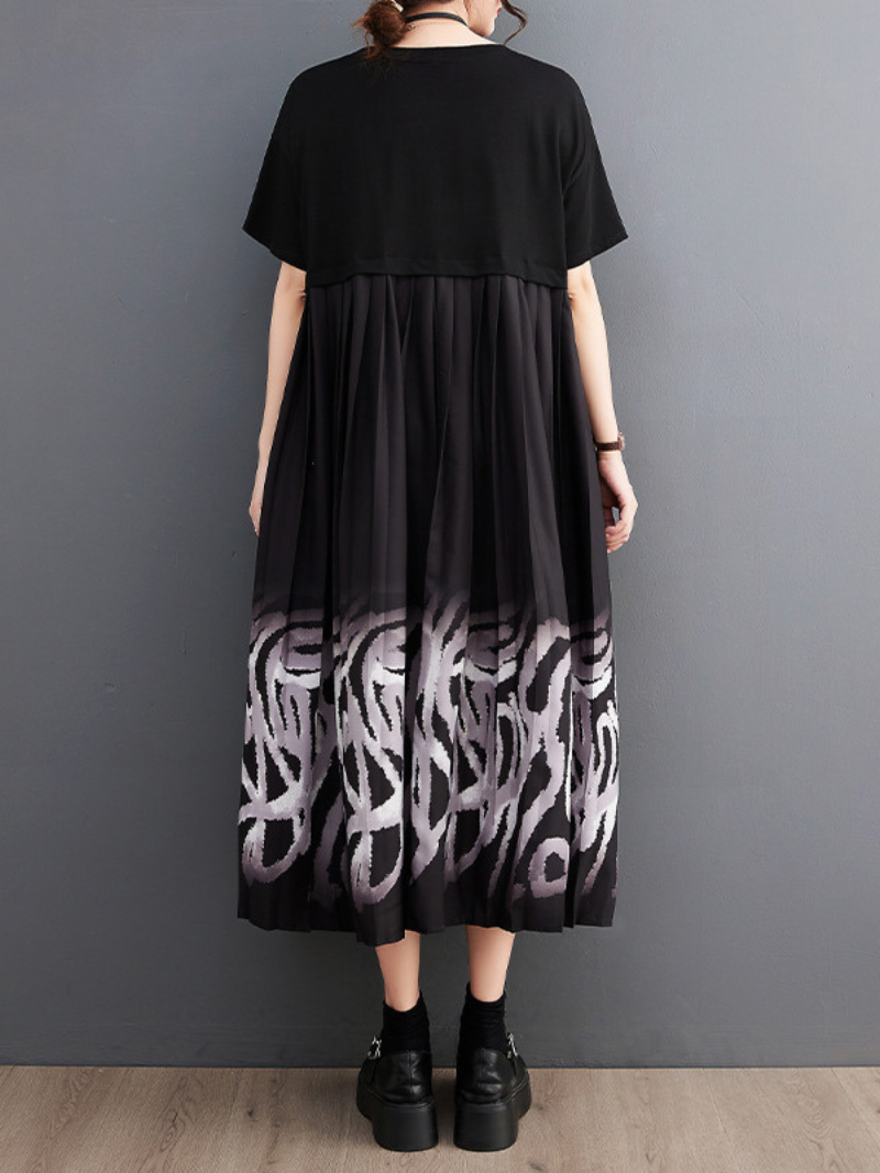 Black Round Neck Short Sleeve Abstract Print Pleated Smock Midi Dress