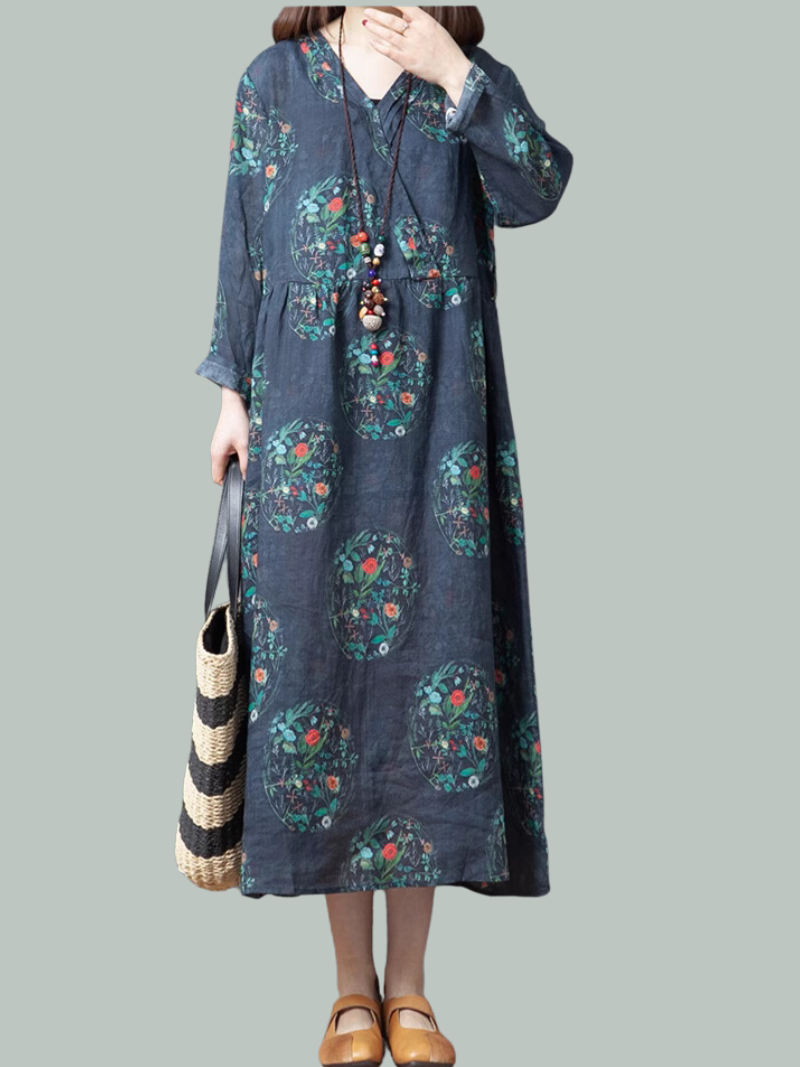 V-Neck Floral Print Long Sleeve Loose A-Line Midi Dress