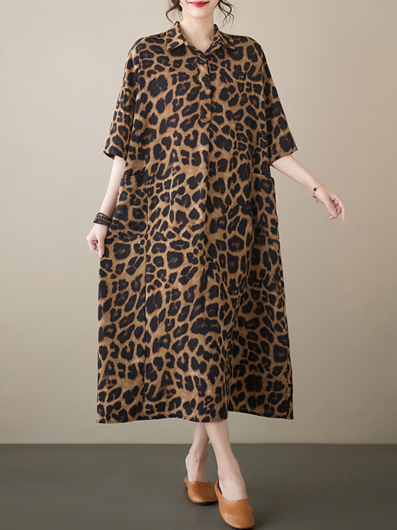 Collared Leopard Print Half Sleeve Loose Shirt Maxi Dress