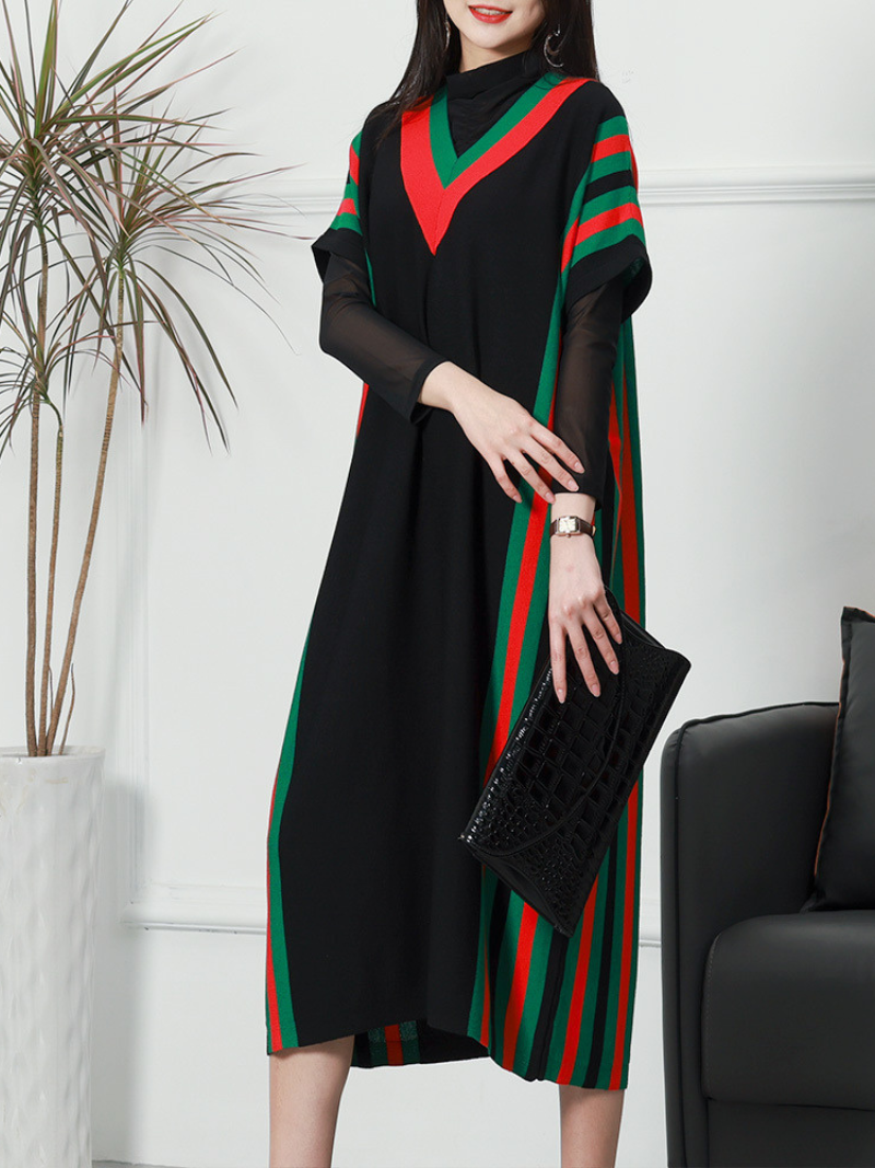 Black Striped Batwing Sleeve Loose Knit Midi Dress