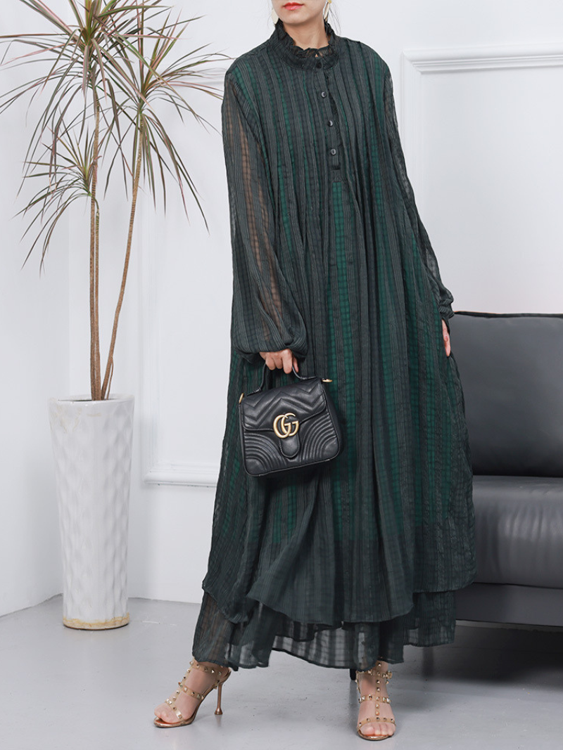 Stand Collar Balloon Sleeve Pleated Chiffon Tiered Maxi Dress