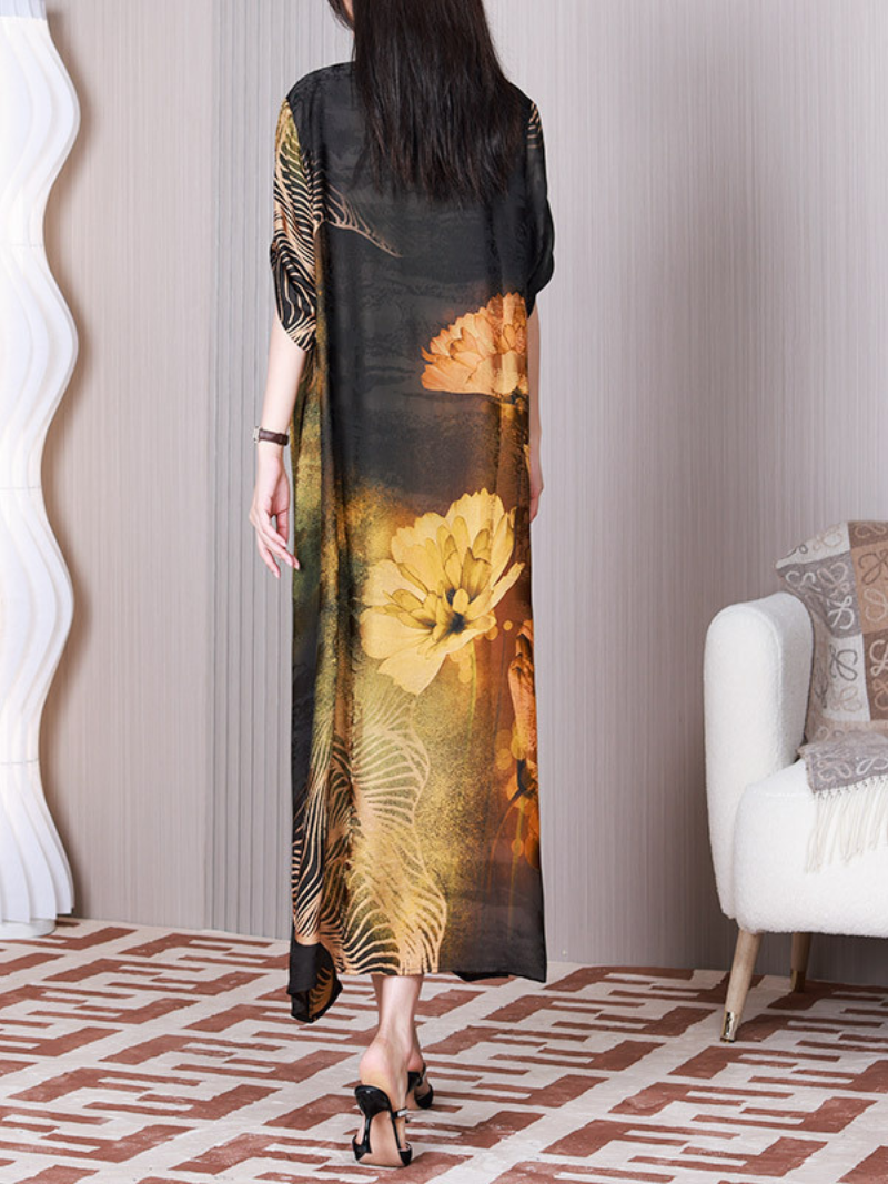Yellow Stand Collar Floral Print Short Sleeve Loose A-Line Maxi Dress 2