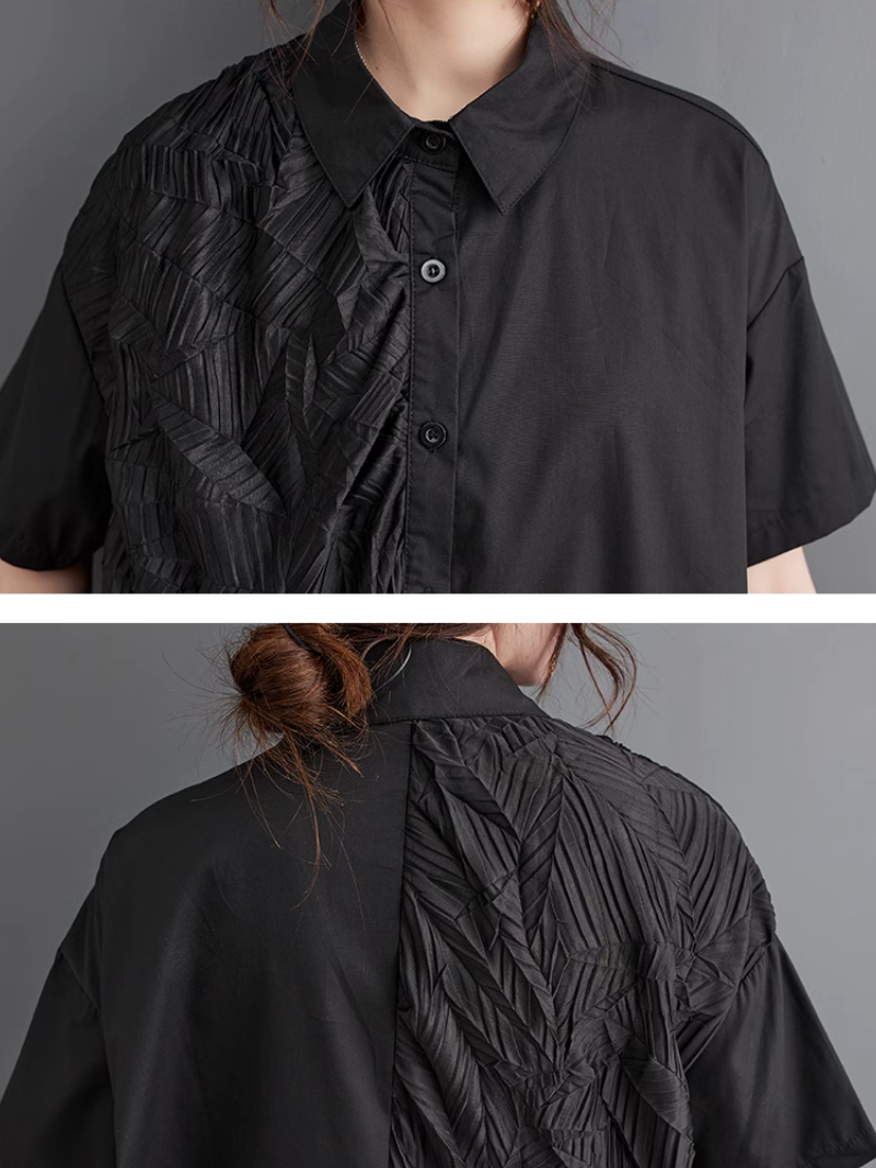 Collared Short Sleeve Textured Panel Ruffle A-Line Midi Dress 5