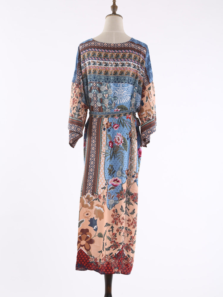 Multicolor Mixed Floral Print Belted Open Front Long Kimono Robe 2