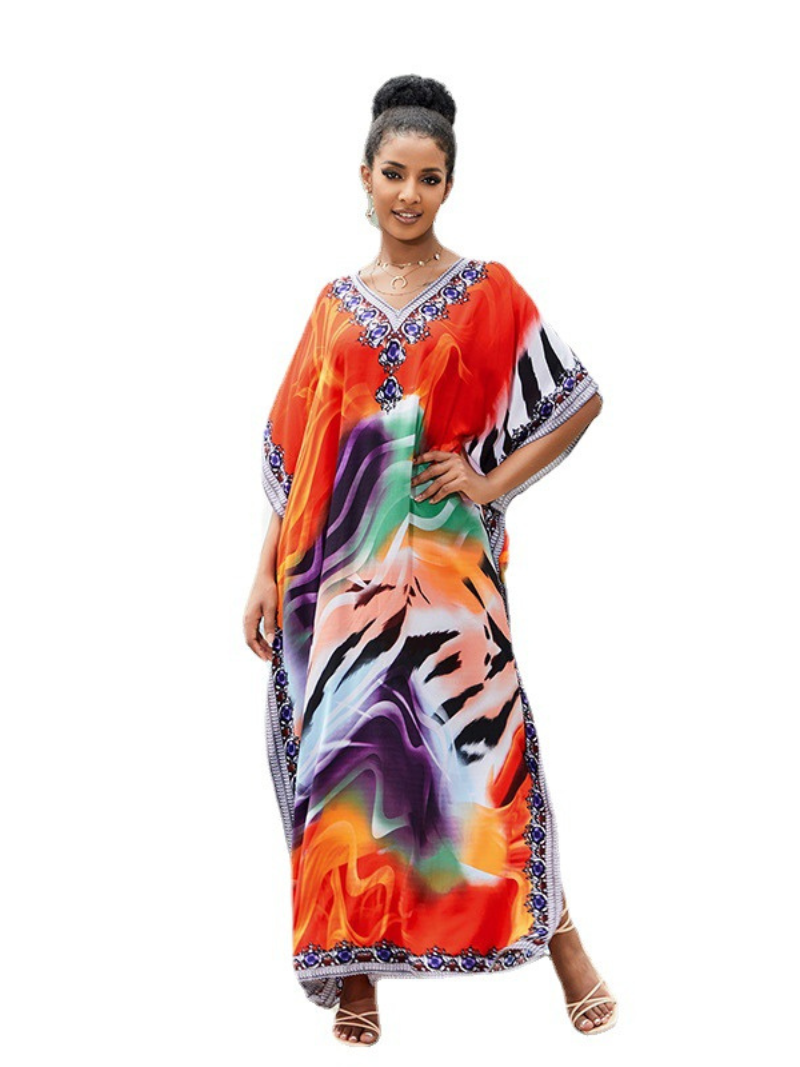 Multi Color V-Neck Batwing Sleeve Abstract Print Bordered Kaftan Maxi Dress