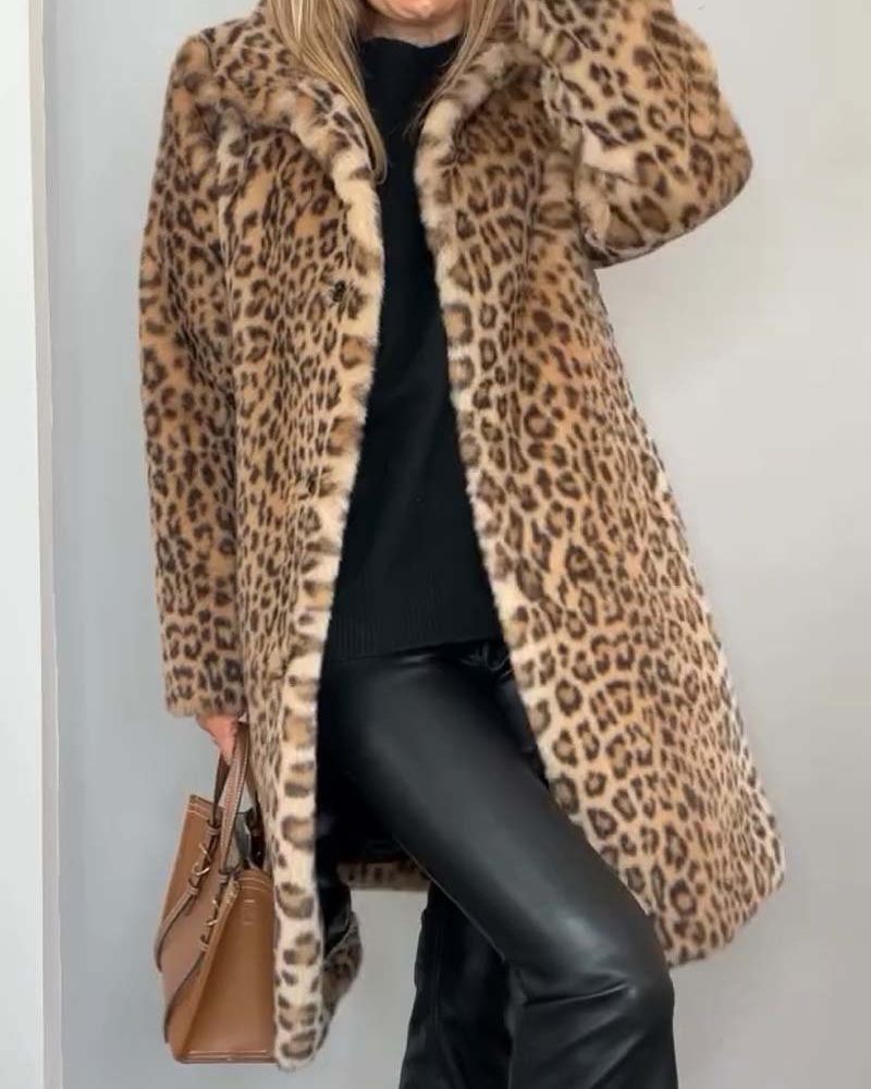 Notched Lapel Leopard Faux Fur Long Coat
