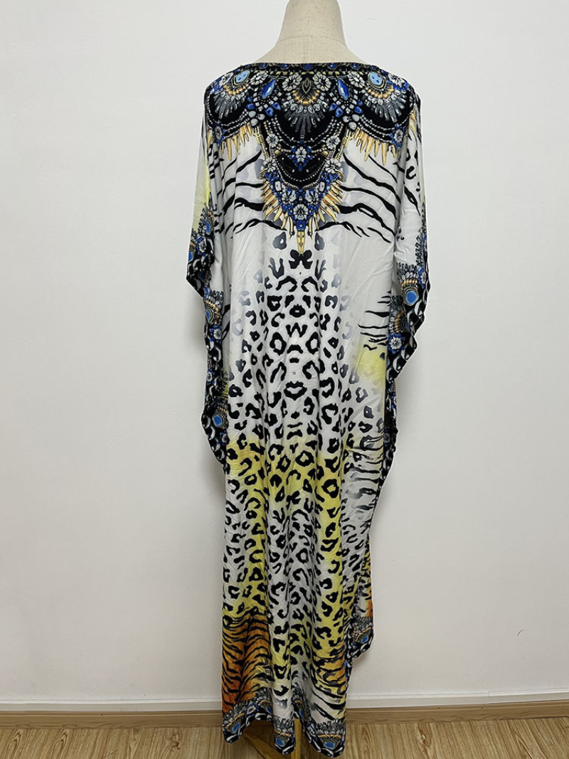 Round Neck Leopard Baroque Print Short Sleeve Loose Kaftan Maxi Dress 5