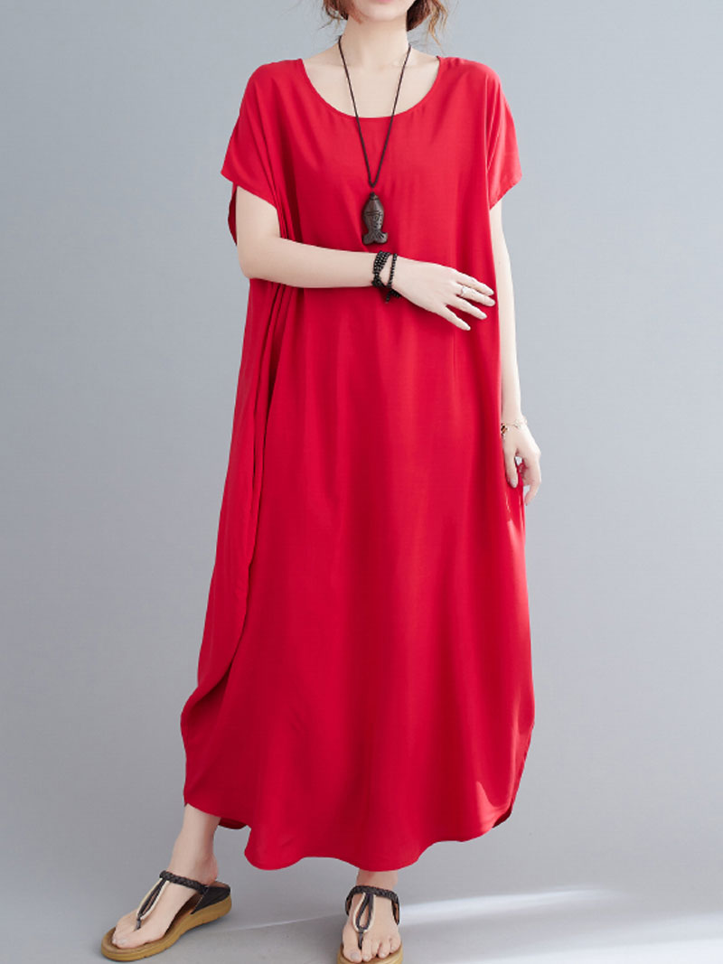 Round Neck Short Sleeve Loose Cocoon Maxi Dress 4
