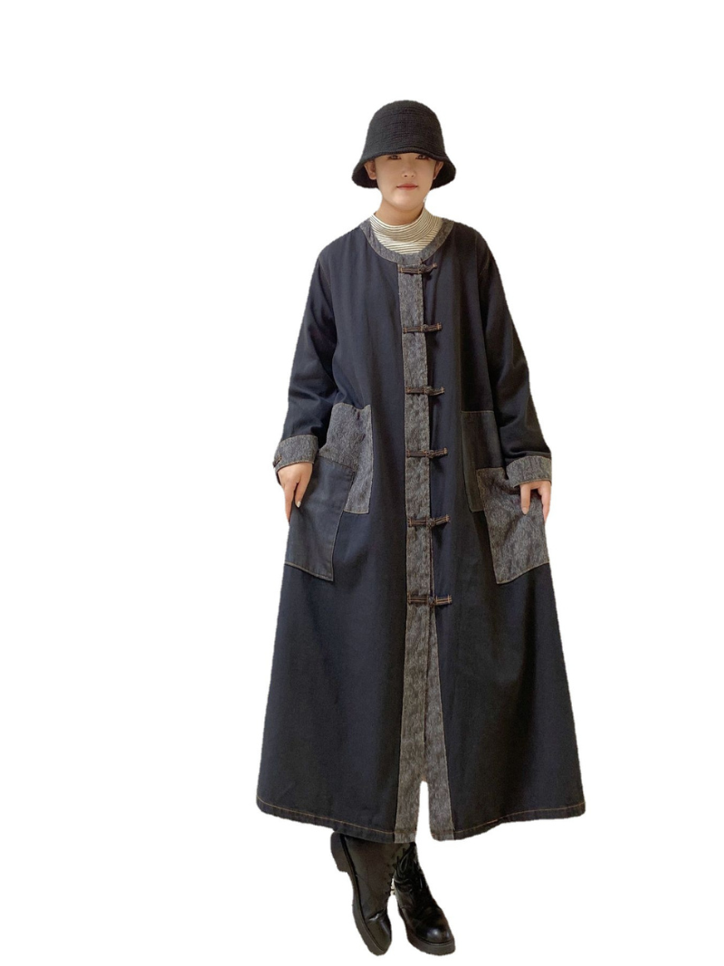 Stand Collar Frog Button Patch Pocket Long Coat 7