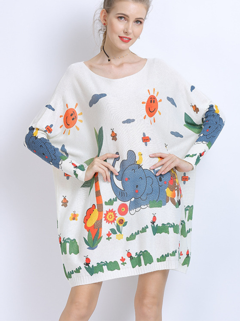 Boat Neck Cartoon Elephant Print Batwing Sleeve Loose Knit Sweater