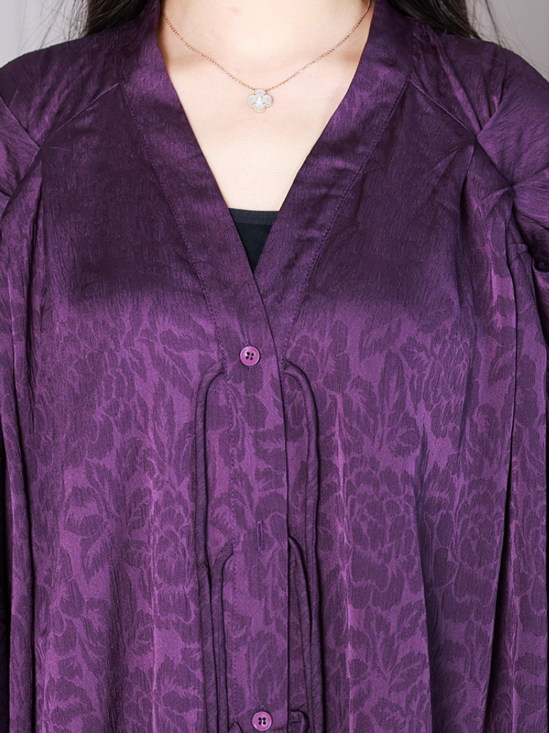 Purple V-Neck Tie Jacquard Long Sleeve Loose A-Line Midi Dress 4