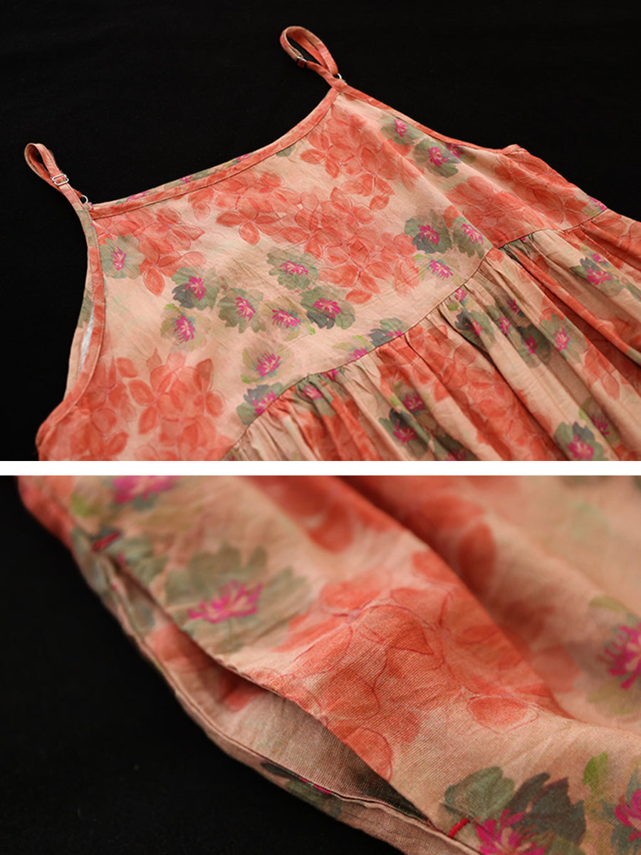 Women Summer Vintage Floral Pleated Loose Dress Sleeveless