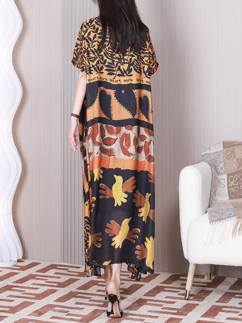 Round Neck Abstract Leaf Print Short Sleeve Loose Maxi Dress 4