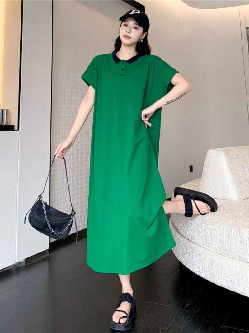 Polo Collar Button Short Sleeve Loose A-Line Maxi Dress