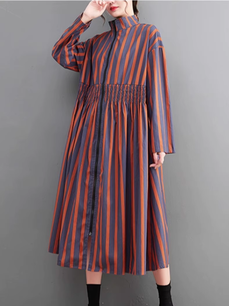 Stand Collar Striped Zip Front Shirred Long Sleeve A-Line Midi Dress