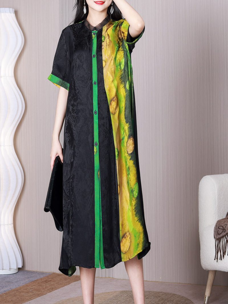 Green Stand Collar Button Front Abstract Print Short Sleeve A-Line Midi Dress 4