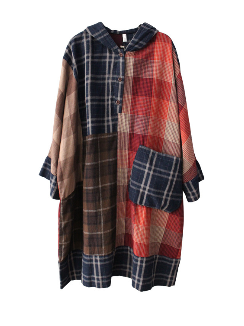 Hooded Long Sleeve Plaid Patchwork Patch Pocket Loose Midi Dress 6