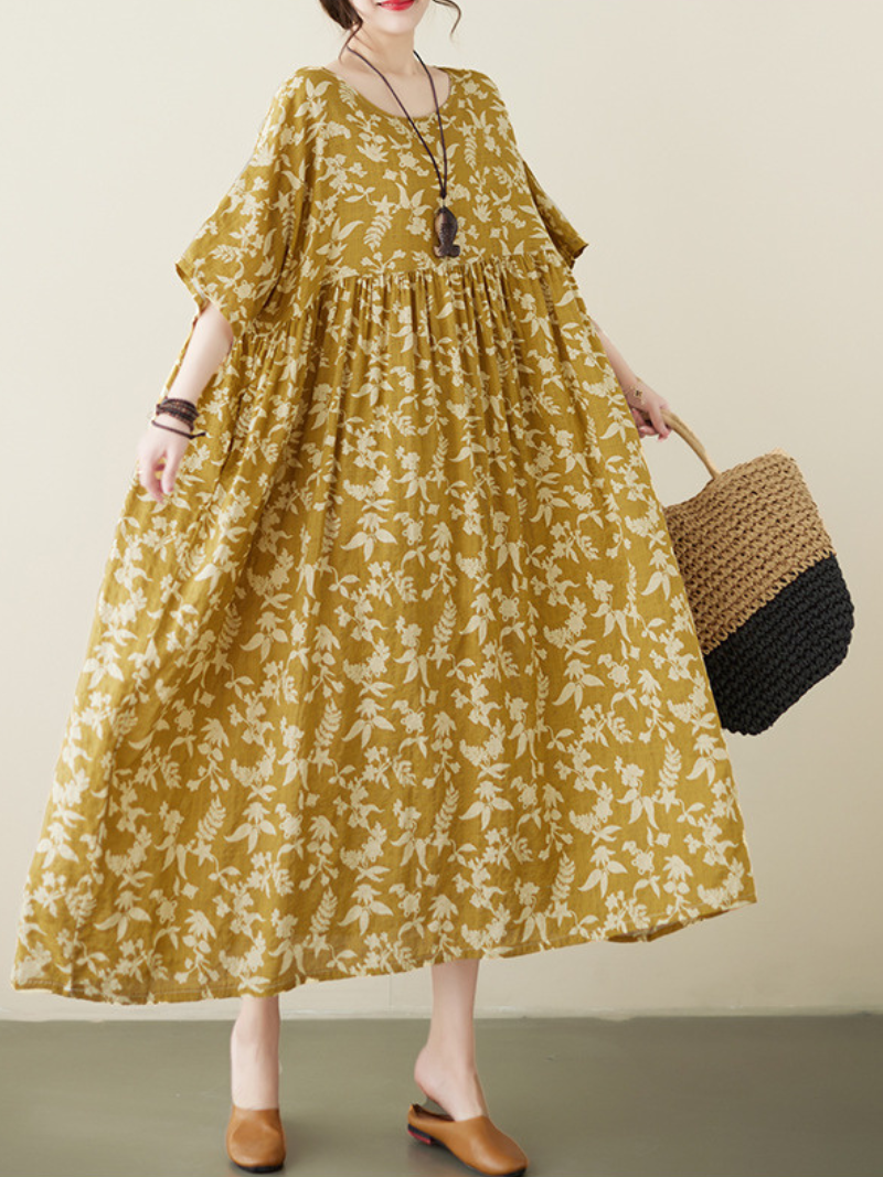 Yellow Round Neck Short Sleeve Floral Smock Loose Maxi Dress