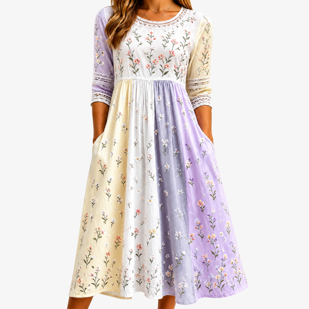 Round Neck Lace Trim Wildflower Patchwork Midi Dress