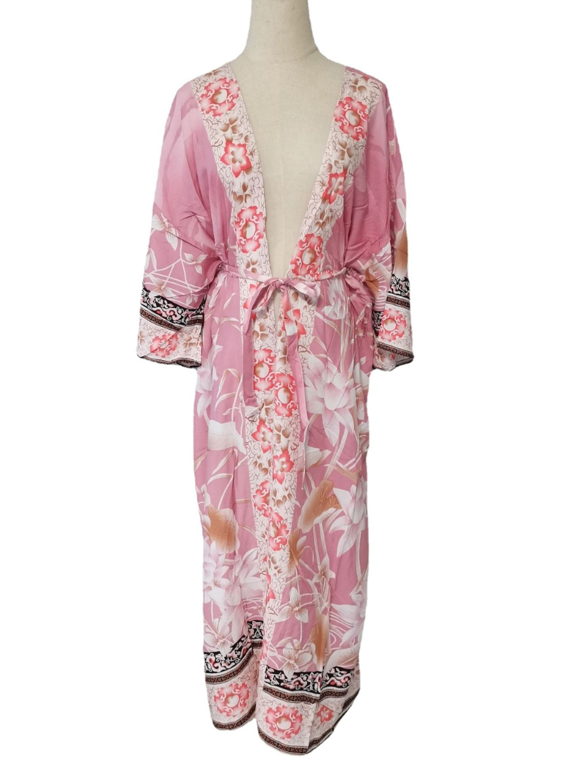 Floral Print Wide Sleeve Open Front Long Kimono 4