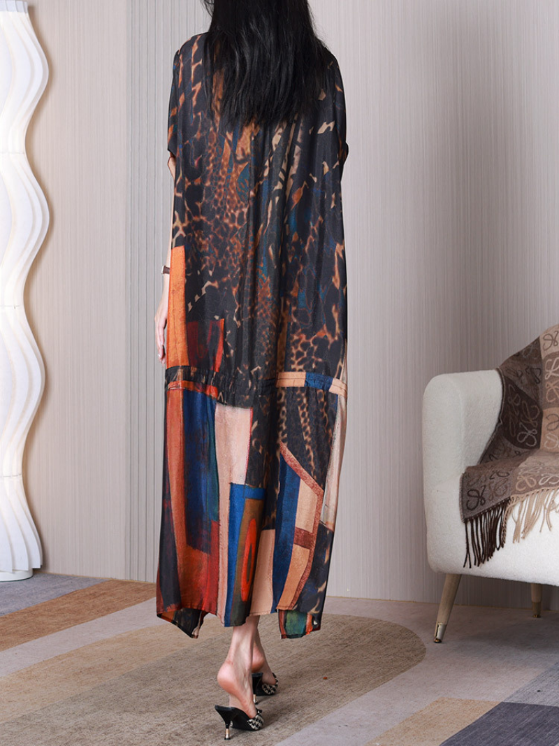Coffee Round Neck Short Sleeve Button Front Abstract Print Shirt Maxi Dress