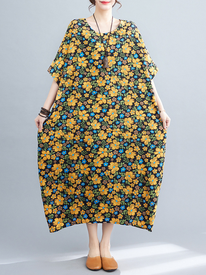 Multi Color Round Neck Floral Print Batwing Sleeve Loose A-Line Maxi Dress 6