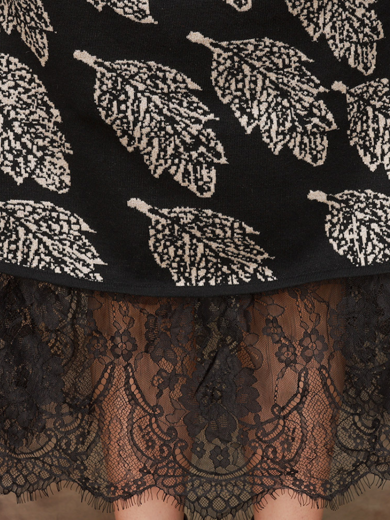 Mock Neck Long Sleeve Leaf Jacquard Knit Lace Hem Midi Dress 4
