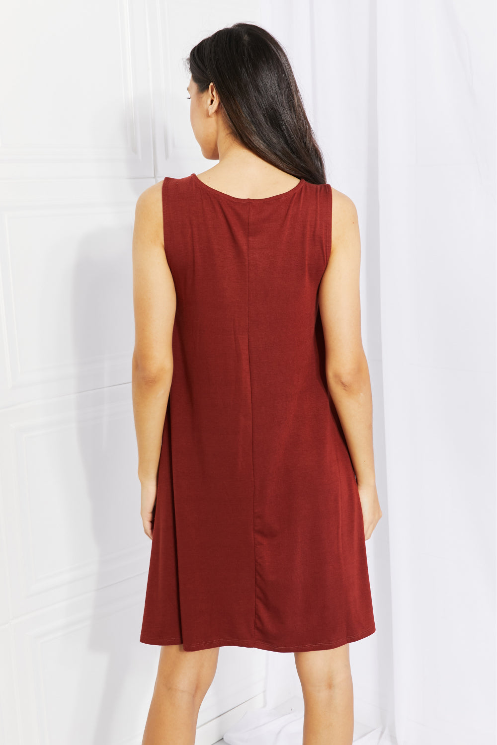Dark Rust Round Neck Sleeveless Pocket Flowy Swing Mini Dress