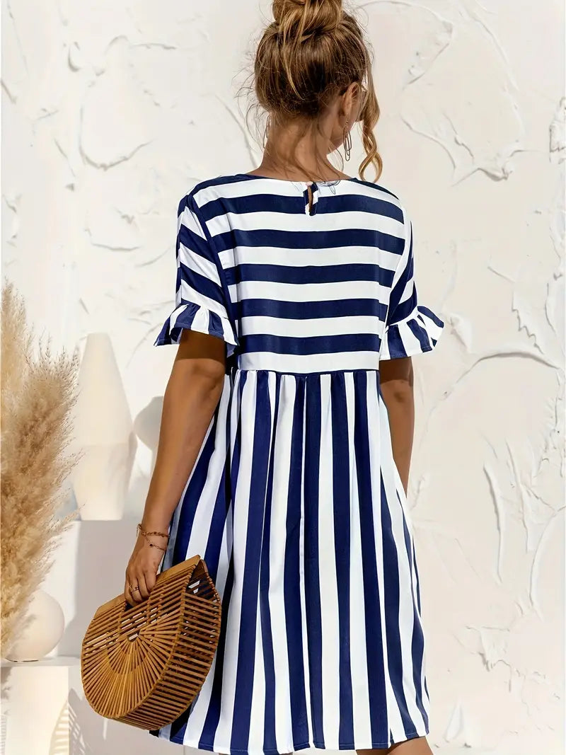 Navy Striped Summer Dress With Short Sleeves S / Blue Navy Blue Striped Dress