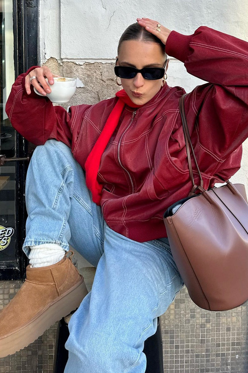 Color-Block Paneled Collared Leather Jacket