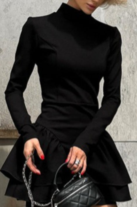 Black High Neck Ruffle Mini Dress