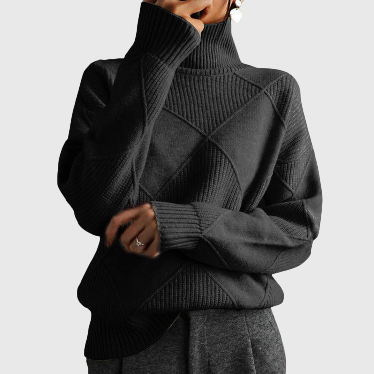 Turtleneck Diamond Textured Knit Long Sleeve Sweater