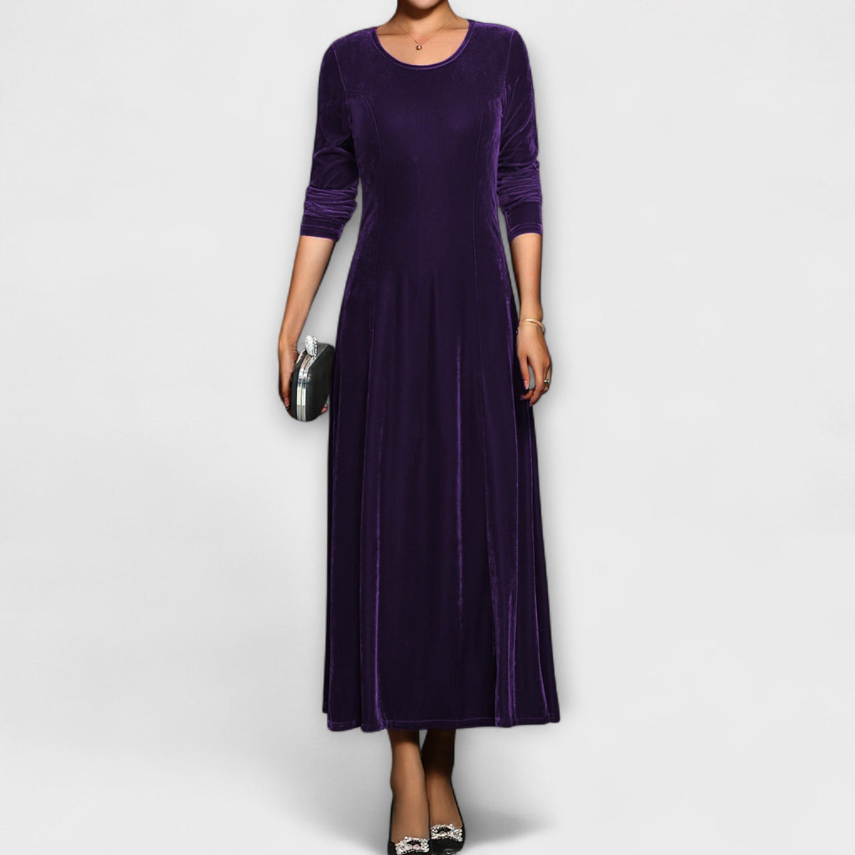 Round Neck Velvet Long Sleeve A-Line Maxi Dress