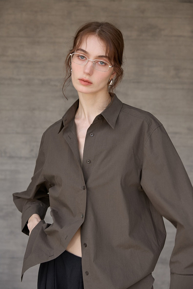 White High-Density Cotton Long-Sleeve Collared Blouse