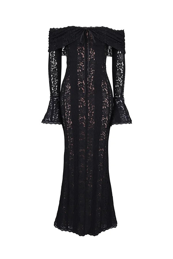 Leila Elevated Off Shoulder Floral Lace Flared Sleeve Fishtail Maxi Dress White Occasion Wear