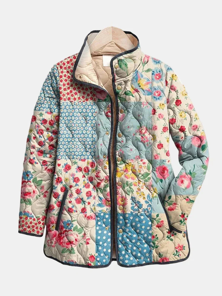 Multicolour Stand Collar Patchwork Floral Quilted Snap Button Jacket