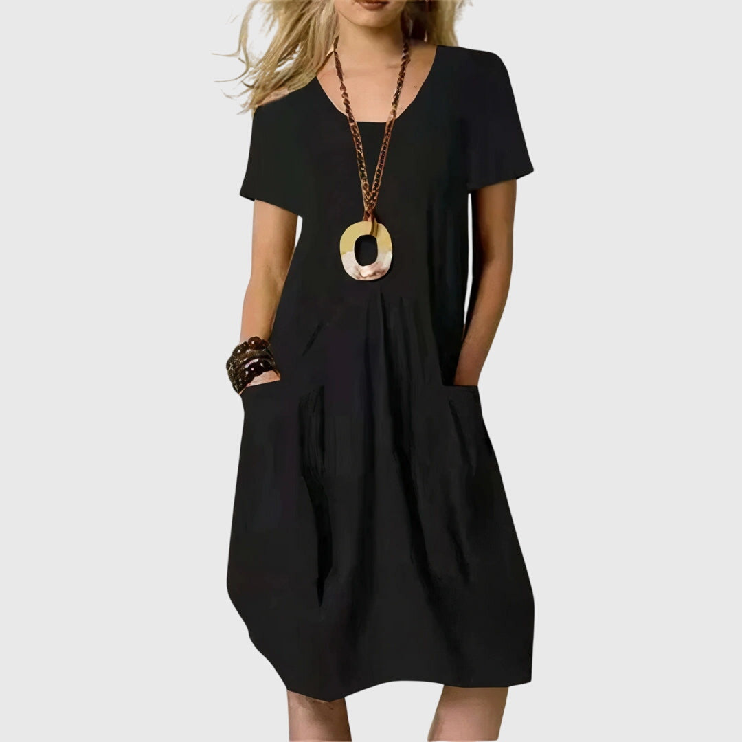 Round Neck Short Sleeve Pocket Cocoon Shift Midi Dress 2