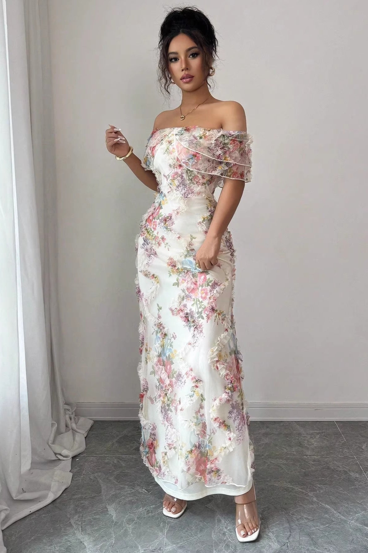 Off Shoulder Bodycon Long Print Floral Dress
