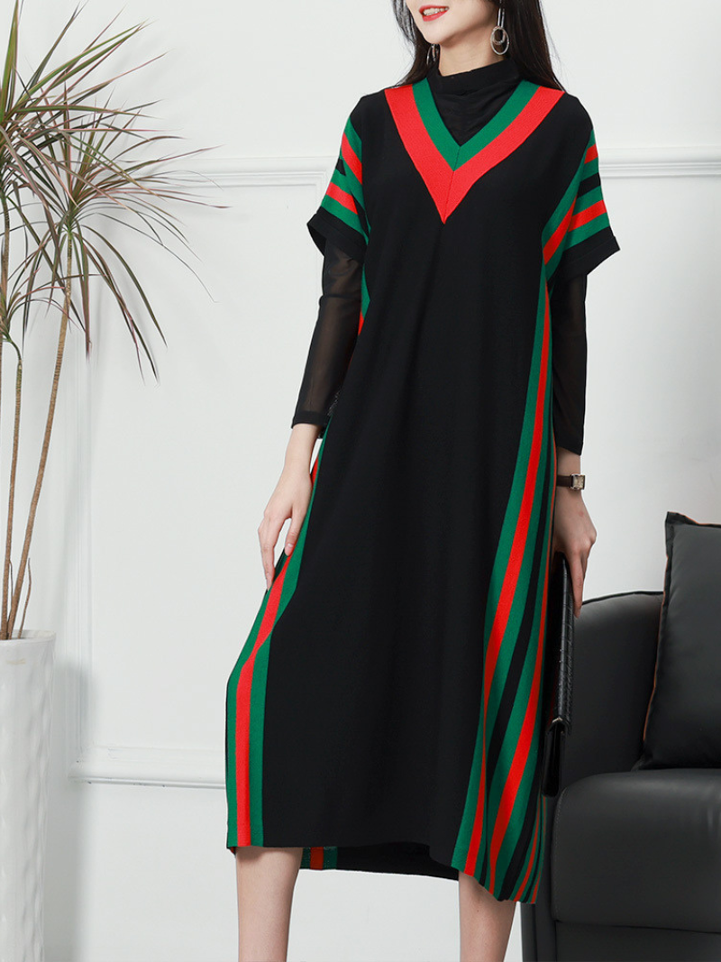 Black Striped Batwing Sleeve Loose Knit Midi Dress