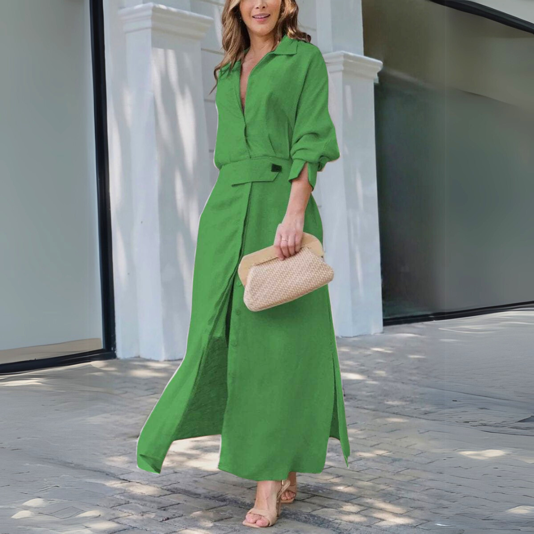 Collared Long Sleeve Belted Button-Front Linen Maxi Shirt Dress 5